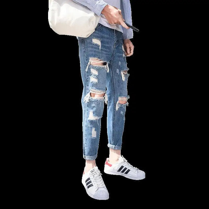 Retro Ripped Men's Jeans With Holes Tapered Slim Fit Trousers Korean Fashion Torn Broken Luxury Soft Loose Xs Man Cowboy Pants