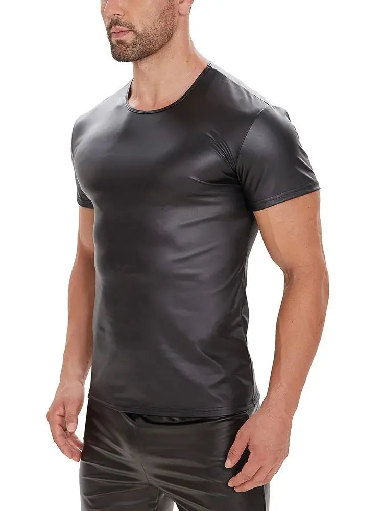 S-5XL Short Sleeve Faux PU Leather T Shirt Men Tights Bodybuilding Hot Muscle Tees Fitness Shapers Cosplay Clubwear Gothic Tops