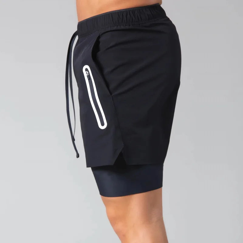 Double-deck fitness sports shorts men summer quick drying breathable woven Shorts Men's 2 IN 1training Gyms clothing