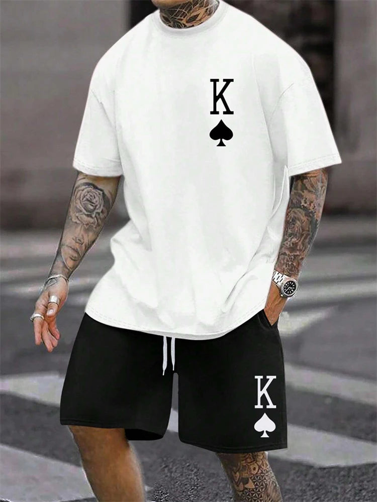 New Men's Short Sleeve Shorts Set Fashion King Printed T-Shirt Shorts 2 Sets of Casual Round Neck Jumper Breathable Sportswear