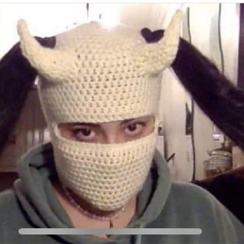 Funny Horns Knitted Hat Cosplay Halloween Masquerade Beanies Warm Full Face Cover Ski Mask Hat Windproof Helmet Trick Scare Prop