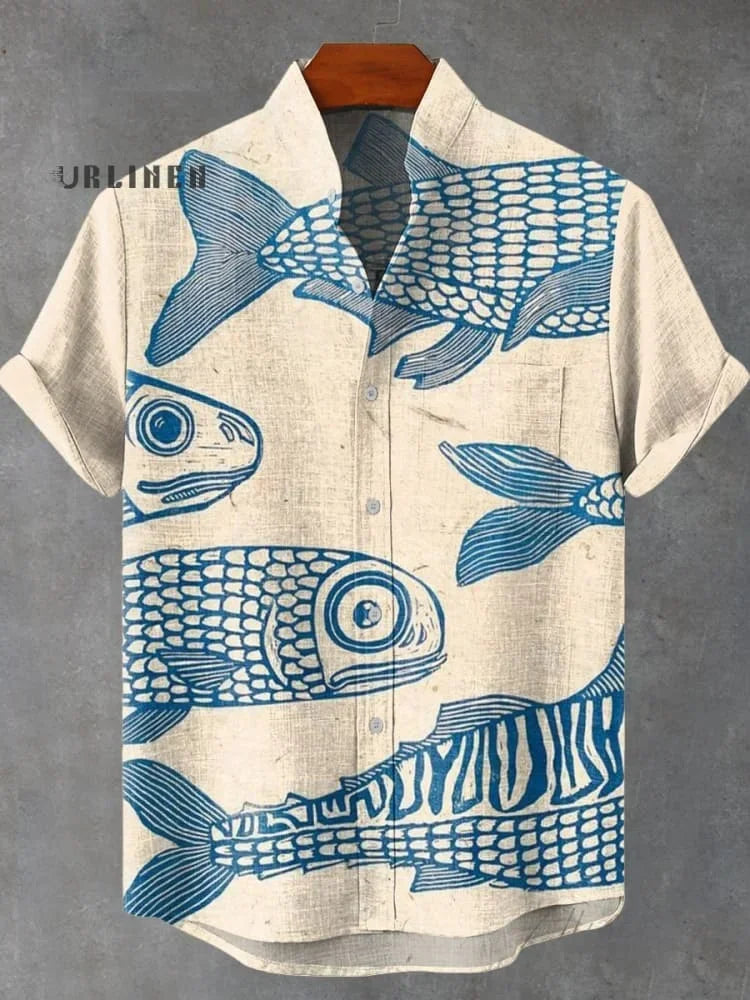 2025 Summer Blue Fish Line Retro 3D Printed Casual Fashion 100% Linen Men's Short sleeved Stand up Collar Shirt