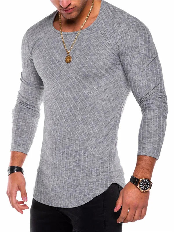 Men's Knitted Thin Base Sweater with Curved Hem Design Round Neck Tight Fit Elastic Long Sleeved T-shirt Thin Sweater