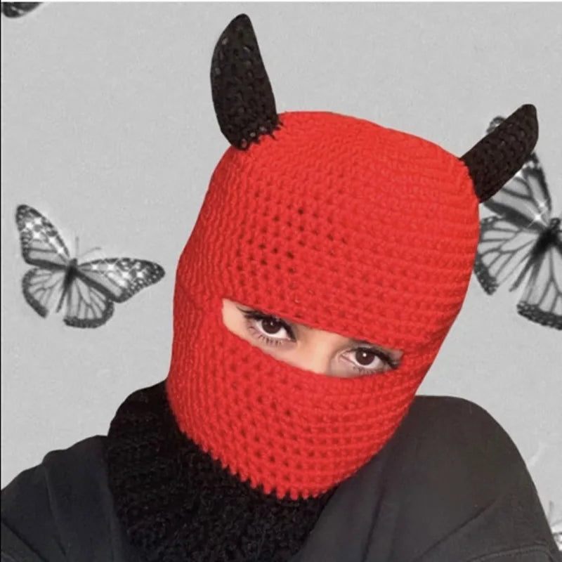 Funny Horns Knitted Hat Cosplay Halloween Masquerade Beanies Warm Full Face Cover Ski Mask Hat Windproof Helmet Trick Scare Prop