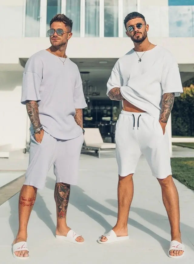 New Men's Short Sleeve Shorts Set Fashion King Printed T-Shirt Shorts 2 Sets of Casual Round Neck Jumper Breathable Sportswear