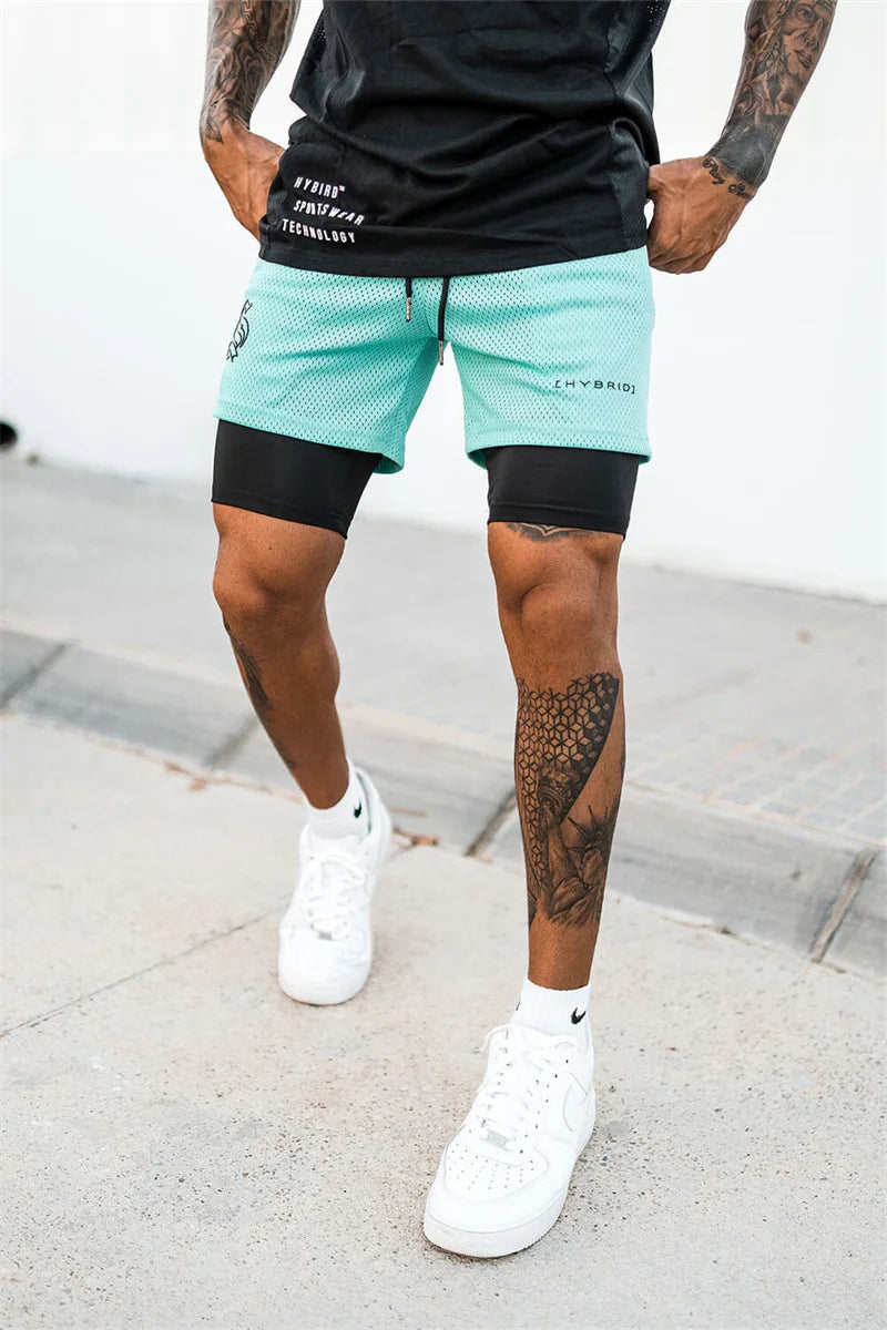 2024 summer mesh Sports Shorts Men Double-deck Jogging Running Shorts Men 2 IN 1 Mens GYM Shorts Fitness Workout Short Pants Man