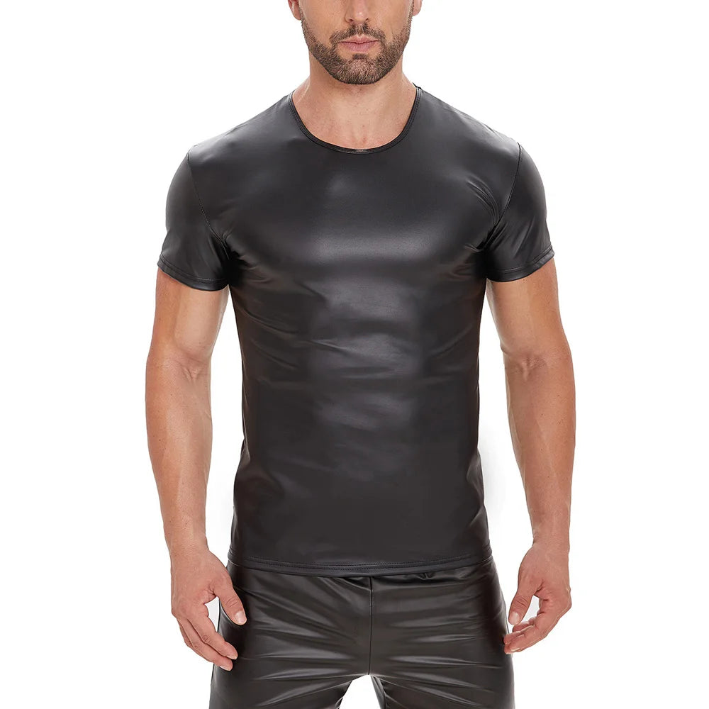 S-5XL Short Sleeve Faux PU Leather T Shirt Men Tights Bodybuilding Hot Muscle Tees Fitness Shapers Cosplay Clubwear Gothic Tops