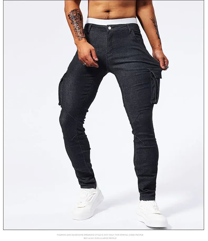 2025 New Men Street Elastic Denim Jeans Multi Pockets Cargo Pants Casual Slim Denim Trousers Fashion Y2k Joggers Baggy Man Pants