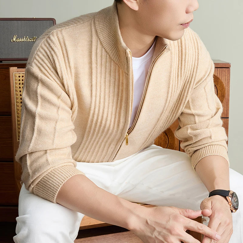 Luxury New Men's knitted sweater coat fashion jacquard zipper half high collar thicken warm soft comfort solid color cardigan