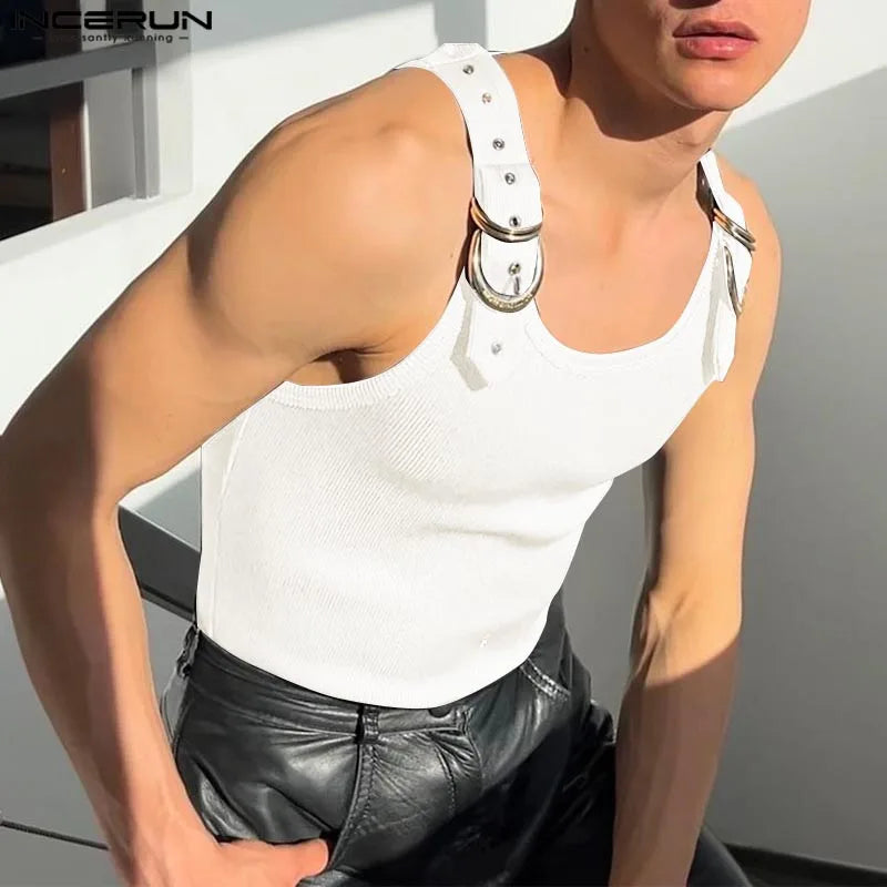 INCERUN Tops American Style Fashion New Men Deconstruction Design Metal Buckle Mesh Vests Casual Streetwear Male Solid Tank Tops
