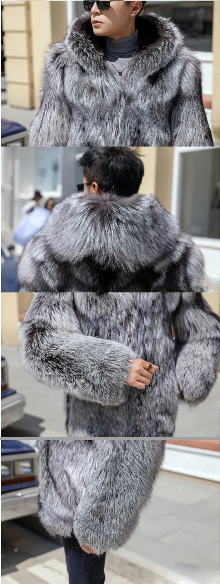 Fur Coat Men Autumn Winter Hooded Thick Faux Fox Jacket Long Sleeve Warm Luxury Fur Black Parkas Bontjas Furry Shaggy Outerwear