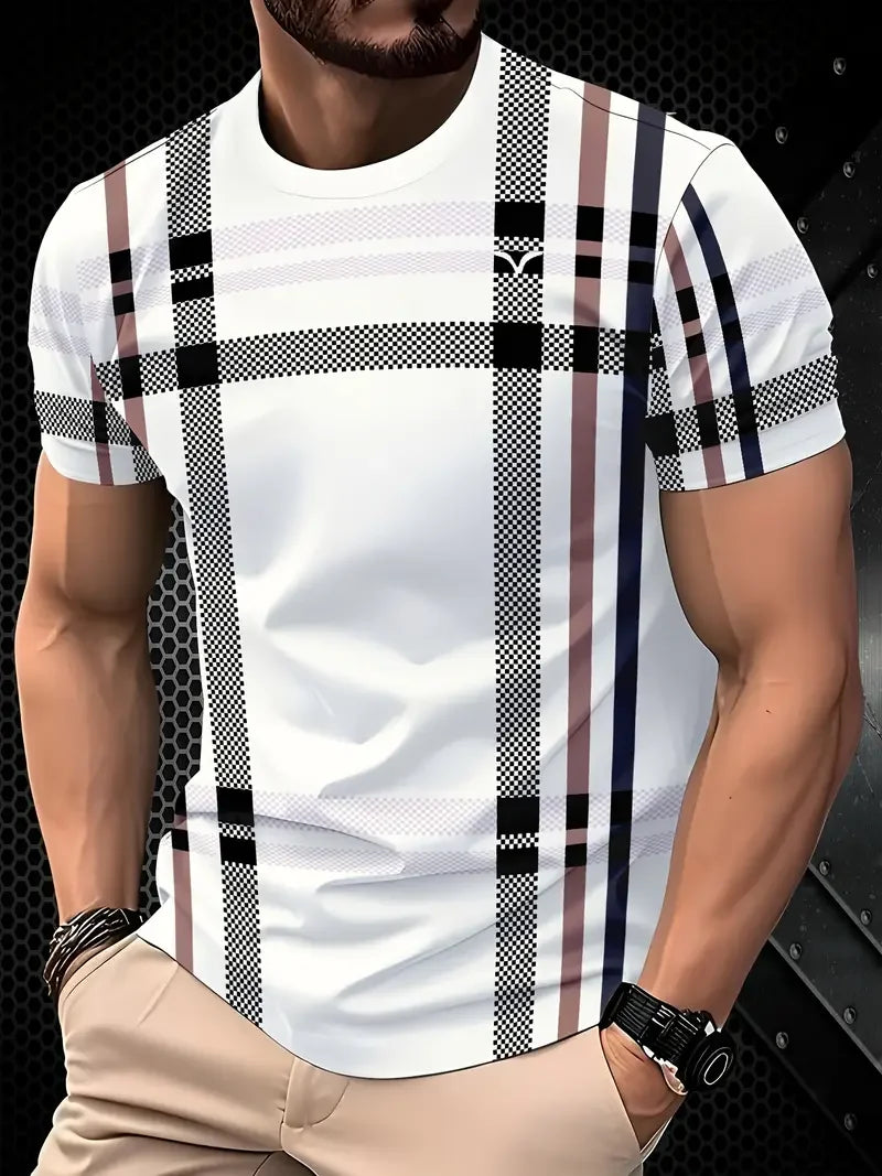 Outdoor Men's T-shirt Summer Round Neck Short Sleeve Top Stripe Print Street Loose T-Shirt Male Oversized Clothing