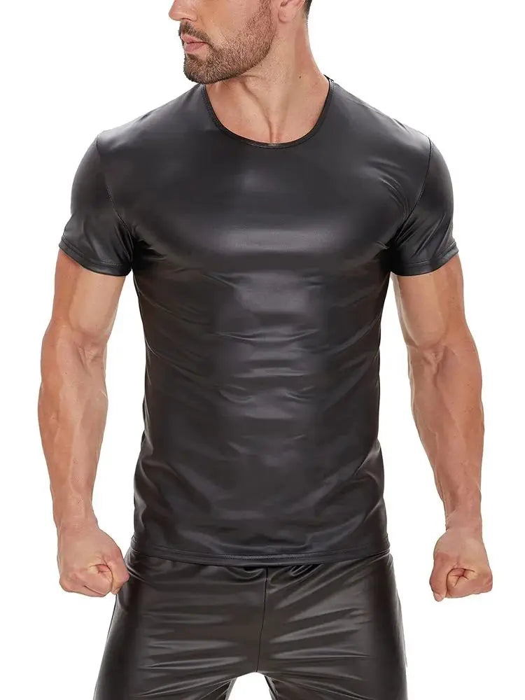 S-5XL Short Sleeve Faux PU Leather T Shirt Men Tights Bodybuilding Hot Muscle Tees Fitness Shapers Cosplay Clubwear Gothic Tops