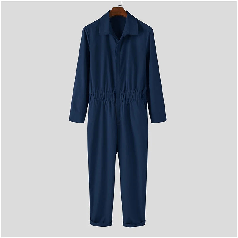 Men Solid Color Jumpsuit Playsuit Buttons Casual Cargo Clothes Overalls Turn Down Collar Long Sleeve Oversized Waist Pants