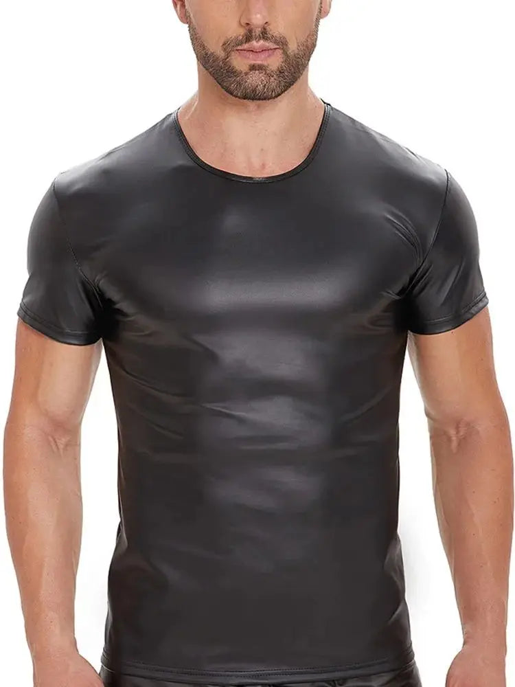 S-5XL Short Sleeve Faux PU Leather T Shirt Men Tights Bodybuilding Hot Muscle Tees Fitness Shapers Cosplay Clubwear Gothic Tops