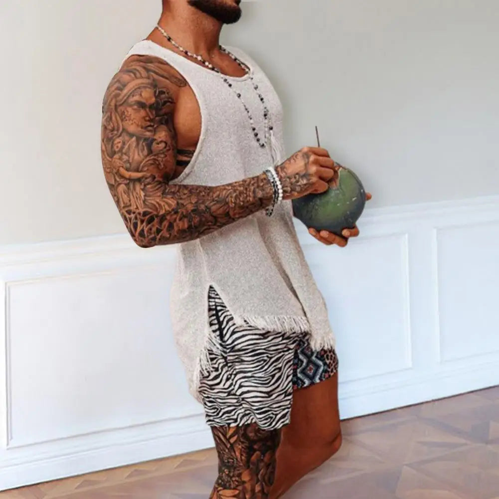 Men Tank Top Solid Color Sleeveless O Neck Knitted Summer Ripped Split T-shirt Tassel Men Vest Daily Clothes Men's Clothing