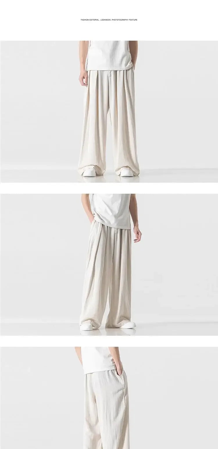 Hanfu Spirit Draped Linen Pants For Men Straight-leg Casual Trousers Chinese Style Loose-fit Ancient Wide-leg Song Trousers