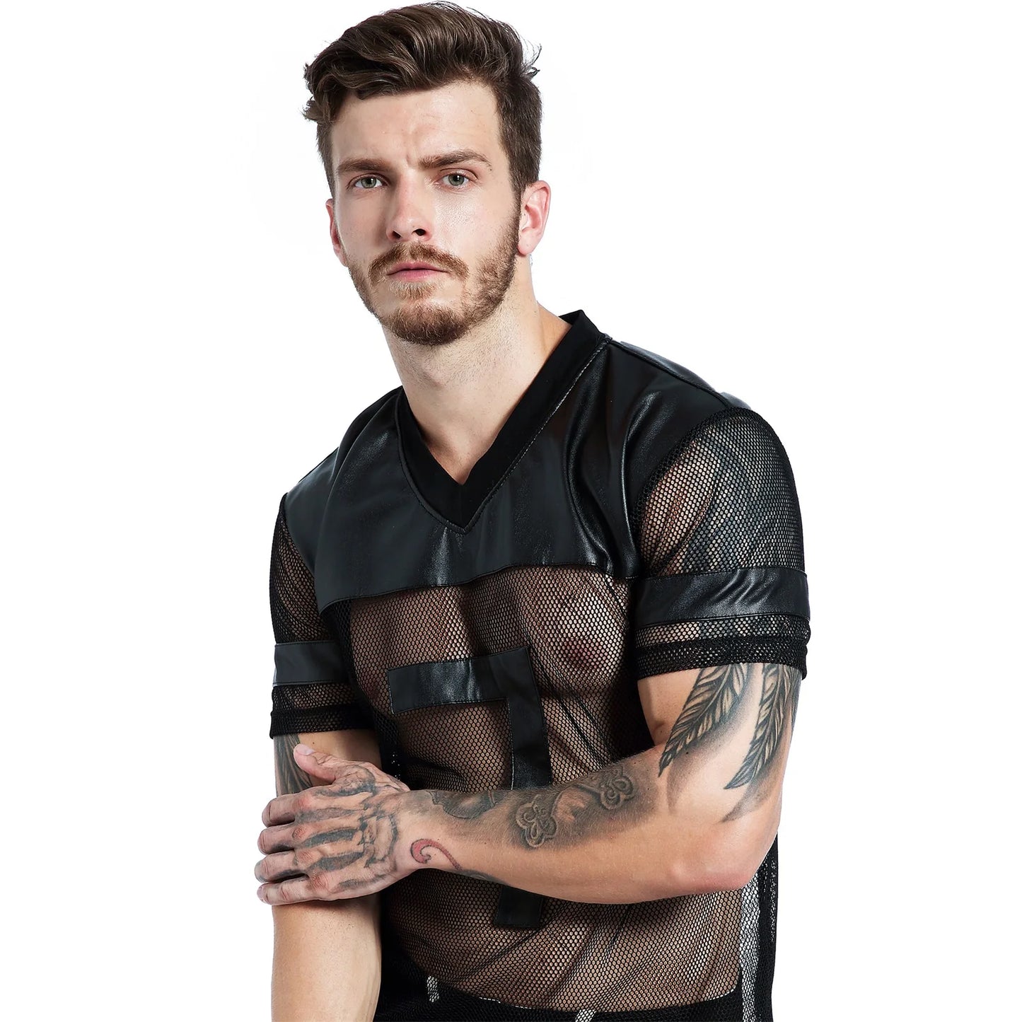 CLEVER-MENMODE Sexy Men Fishnet T-Shirt PU Faux Leather Mesh Shirts See Through Tops Tee Transparent Short Sleeve Stage Clubwear