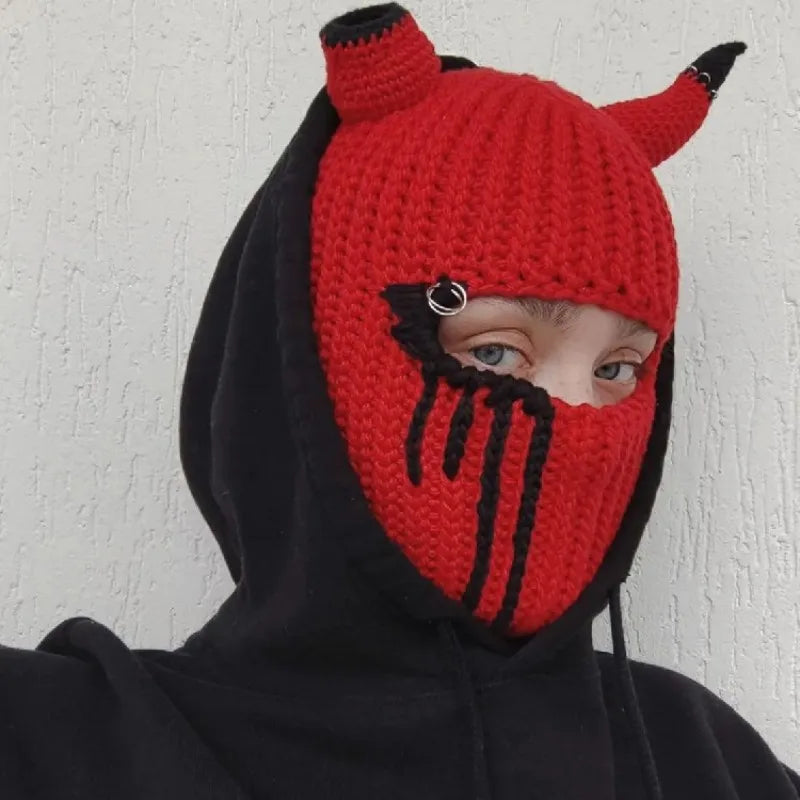 Funny Horns Knitted Hat Cosplay Halloween Masquerade Beanies Warm Full Face Cover Ski Mask Hat Windproof Helmet Trick Scare Prop