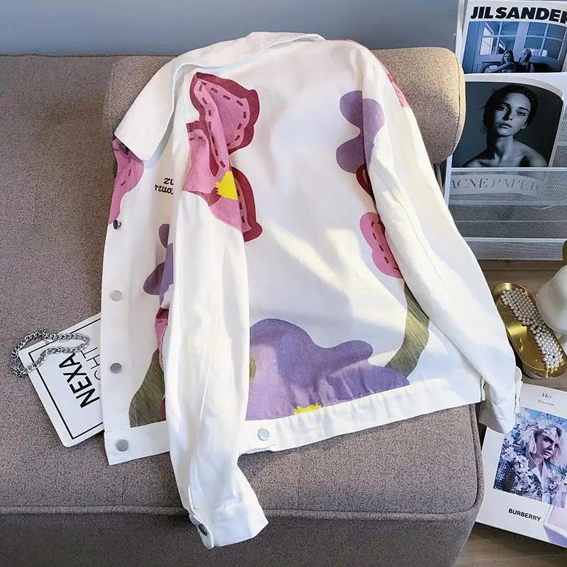 White Design Flower Denim Coat Women's Spring And Autumn Casual Loose Jacket Coat