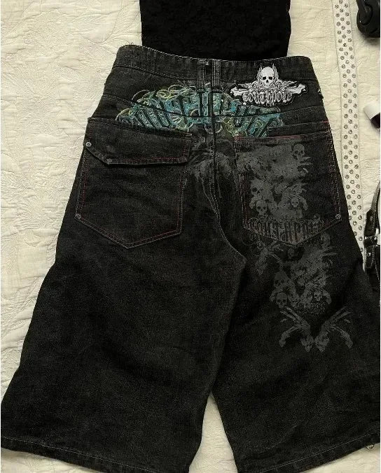 Gothic Punk Skull Letter Pattern Patchwork Shorts Men Y2k Streetwear Pants Hip Hop Fashion Denim Shorts Summer New Hot Sale