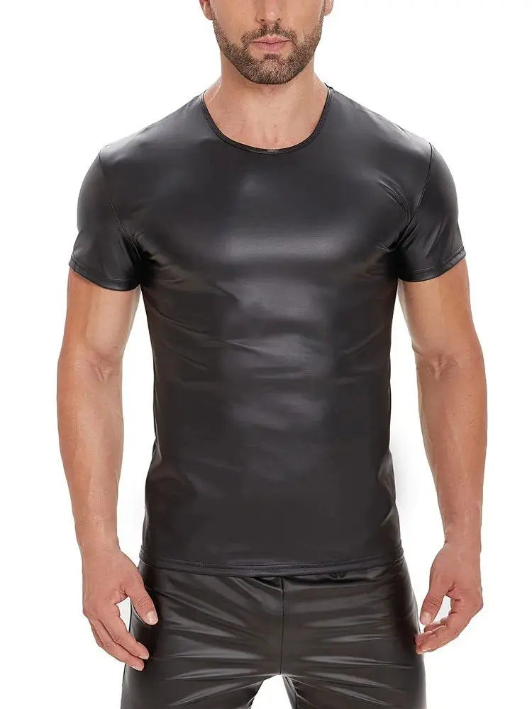 S-5XL Short Sleeve Faux PU Leather T Shirt Men Tights Bodybuilding Hot Muscle Tees Fitness Shapers Cosplay Clubwear Gothic Tops