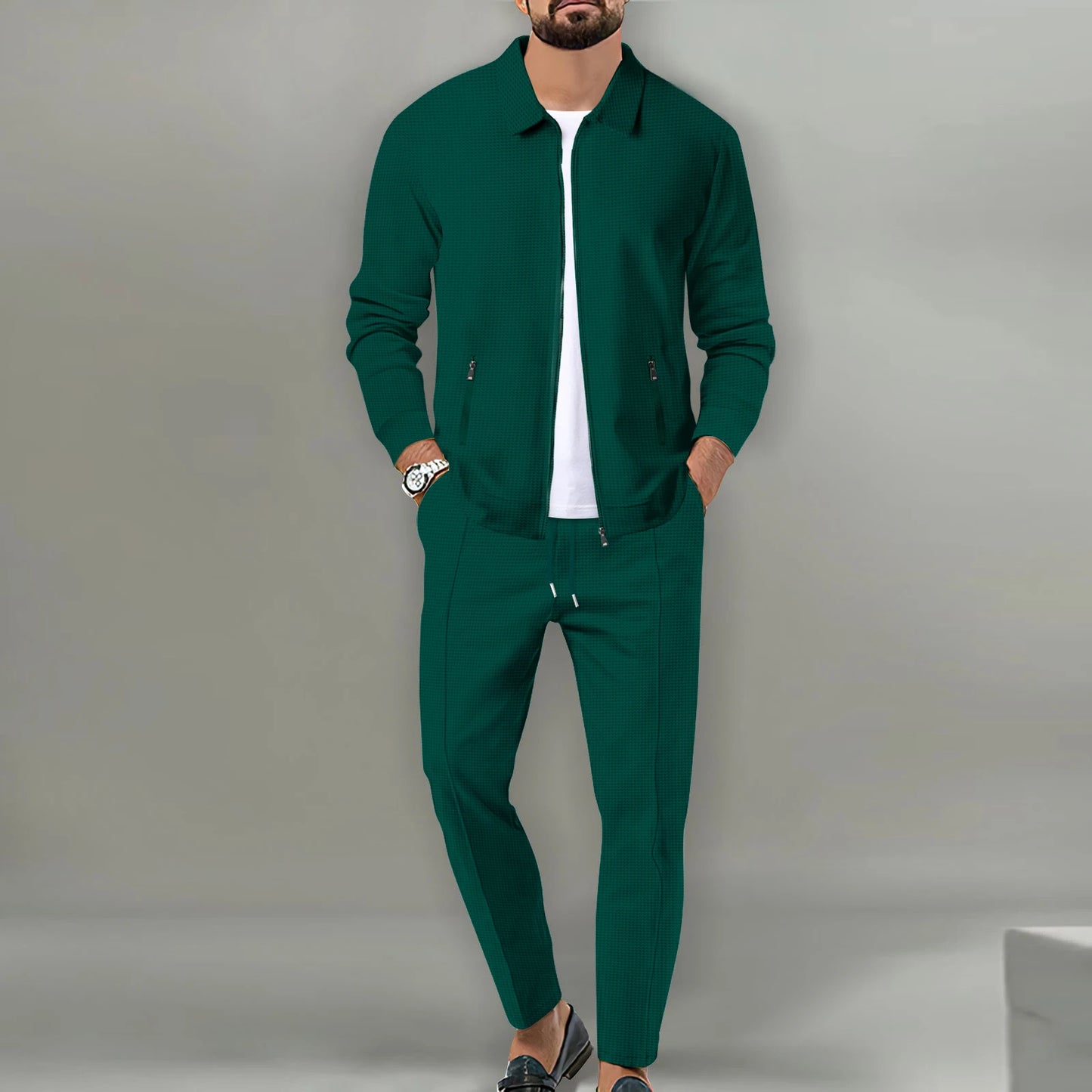 Men's Slim Fit Jacket with Zipper Pocket, Long Sleeved Sportswear, Cardigan Jacket Set, Long Pants, Elegant, two-Piece Set