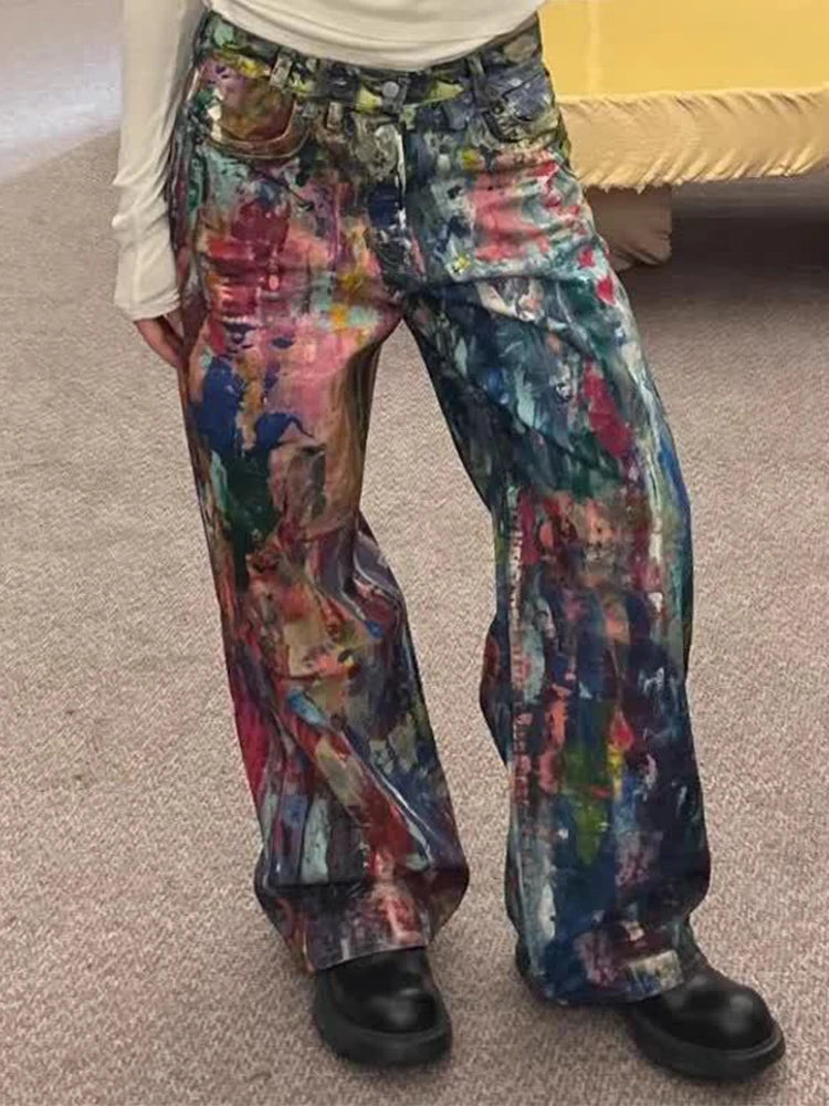 Y2K Fashion Men's Colorful Printing Denim Pants Spring Autumn New Casual Loose Straight Jeans Men Hip Hop Baggy Jean Trousers