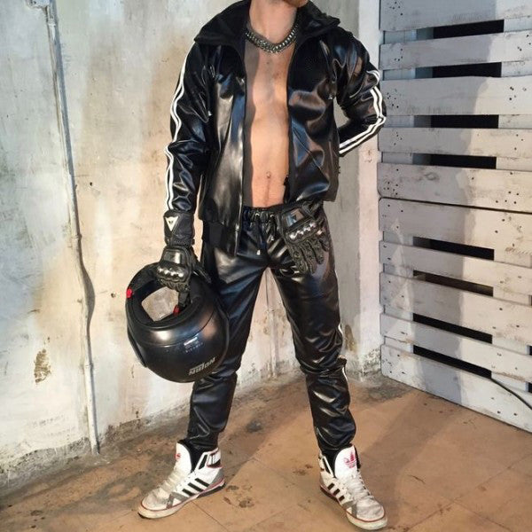 Men's PU Leather Hoodie Suit Casual Sportswear Hooded Jogging Suit Sportswear Men Outfit Set Juicy Tracksuit