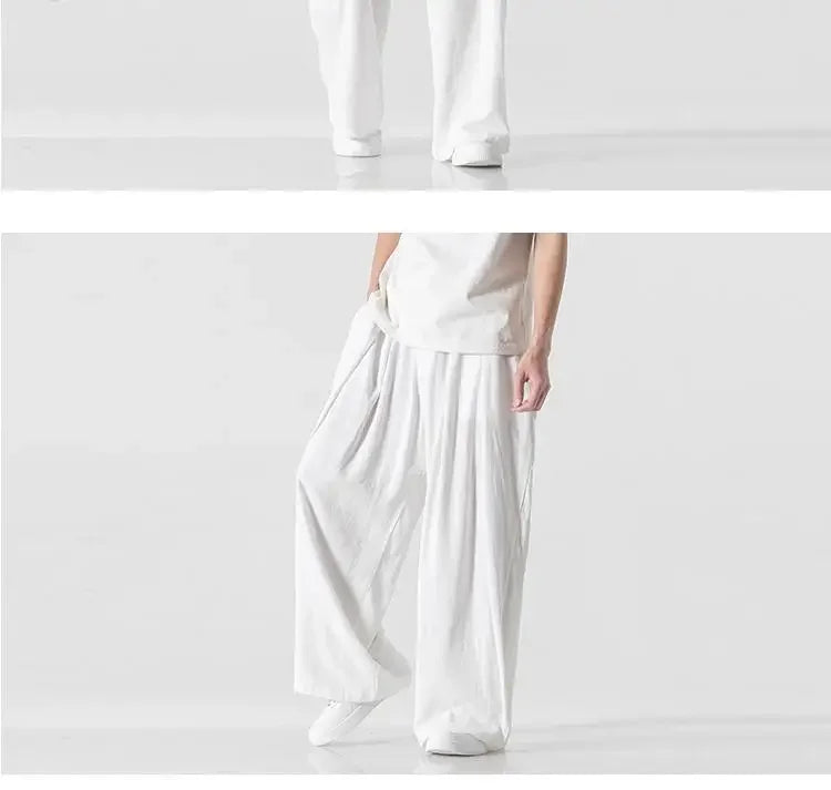 Hanfu Spirit Draped Linen Pants For Men Straight-leg Casual Trousers Chinese Style Loose-fit Ancient Wide-leg Song Trousers