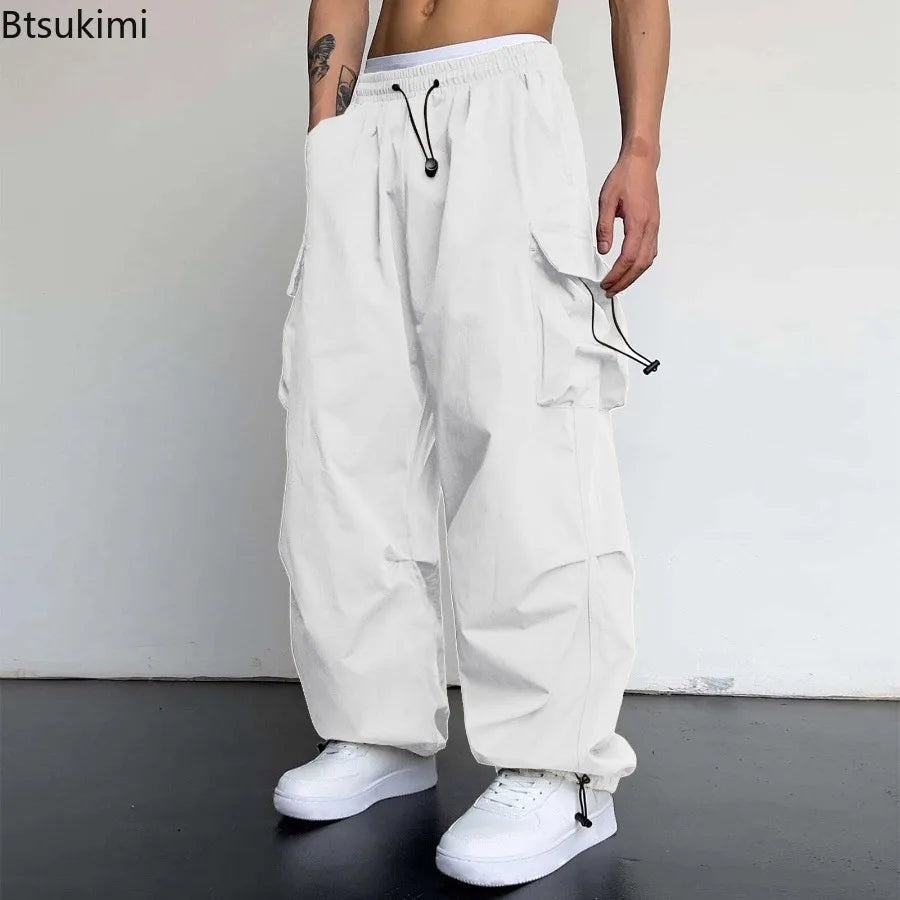 New Style Casual Pants Men's Multi Pocket Cargo Pants High Street Drawstring Workwear Trousers Men Loose Versatile Wide Leg Pant