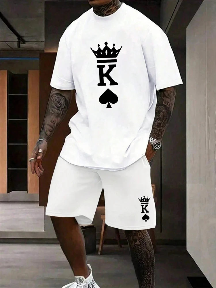 New Men's Short Sleeve Shorts Set Fashion King Printed T-Shirt Shorts 2 Sets of Casual Round Neck Jumper Breathable Sportswear
