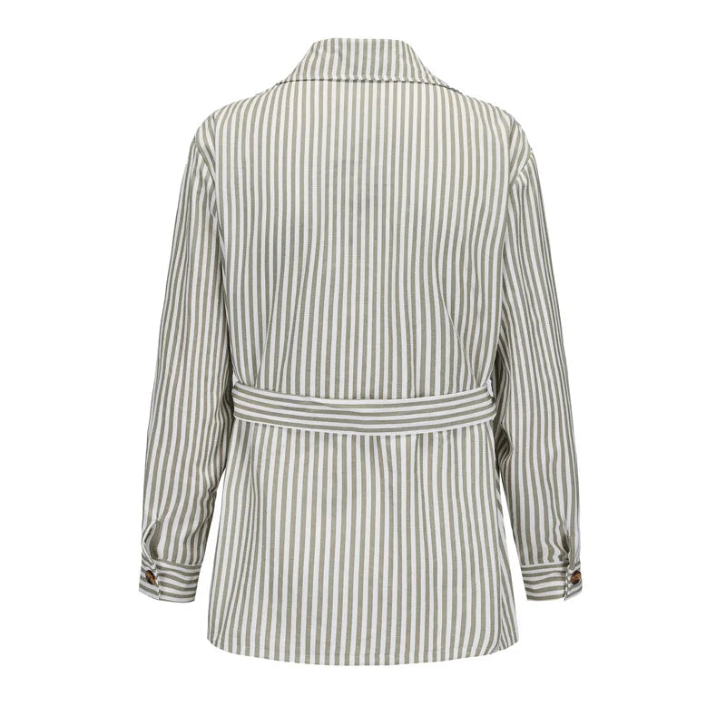 Men's Light Luxury Long Sleeve Striped Belted Shirts Casual Streetwear Button-down Pocket Shirt S-5XL 2025 New Spring Clothing