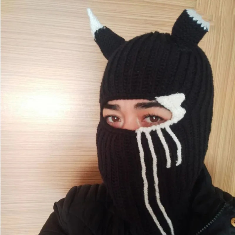 Funny Horns Knitted Hat Cosplay Halloween Masquerade Beanies Warm Full Face Cover Ski Mask Hat Windproof Helmet Trick Scare Prop