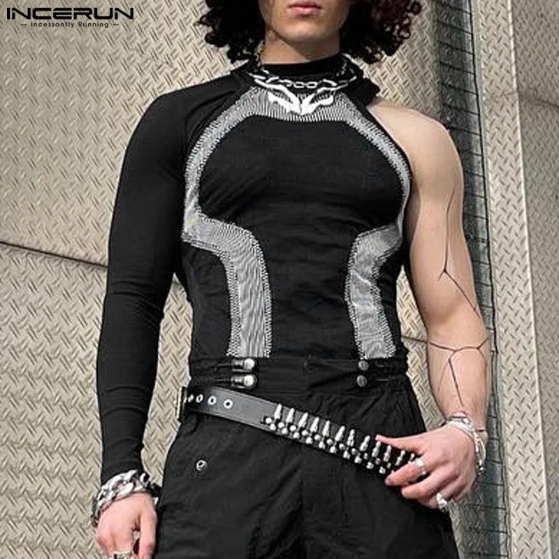 Men Simple Camisetas Men INCERUN Well Fitting Long Sleeved Handsome Knitted T-Shirts 2024 Casual Printing Stand Collar Male Tops