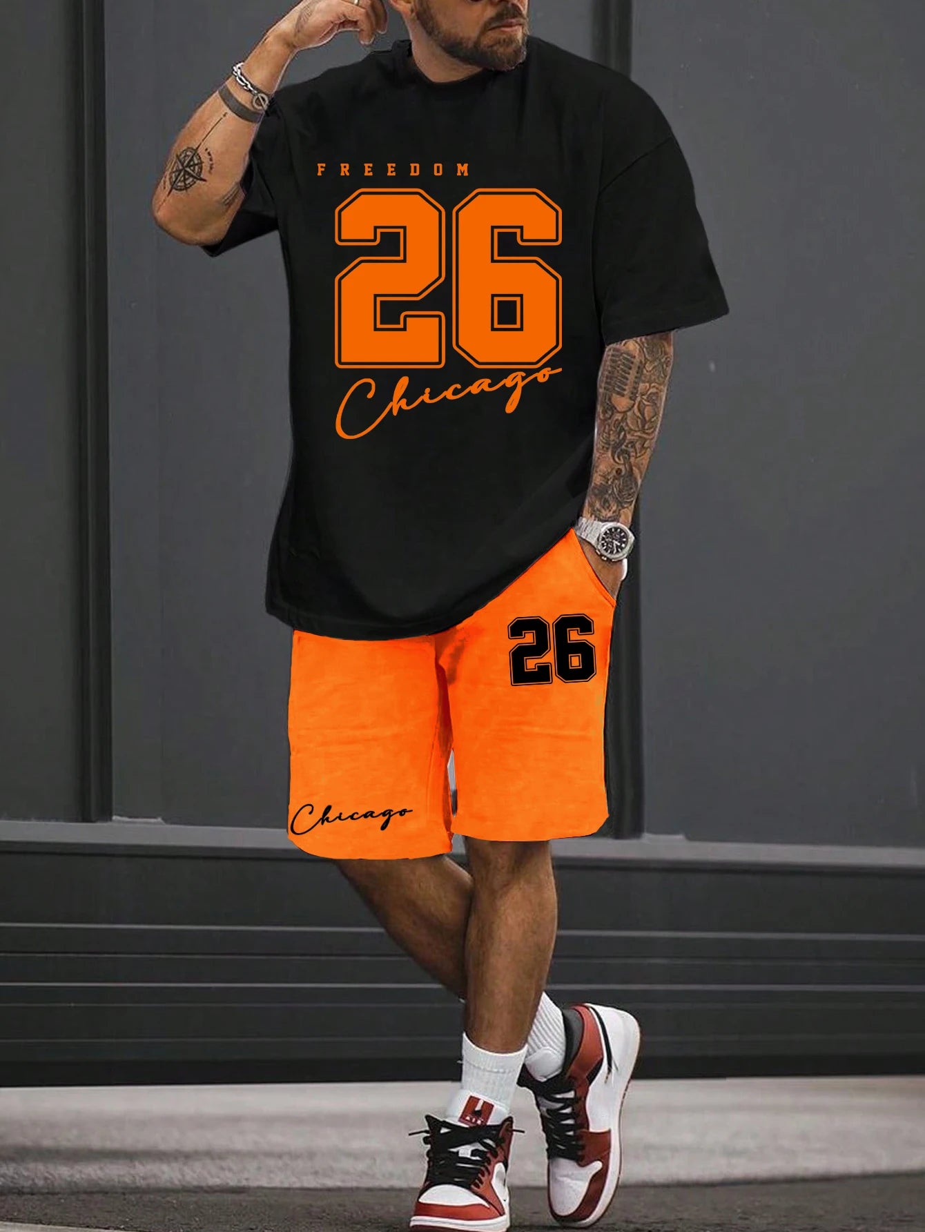 2025 summer new men's T-shirt shorts set sunglasses bear print short sleeved round neck T-shirt summer casual outdoor comfortabl