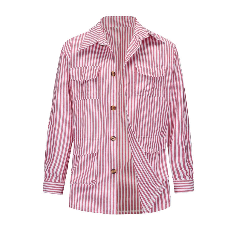 Men's Light Luxury Long Sleeve Striped Belted Shirts Casual Streetwear Button-down Pocket Shirt S-5XL 2025 New Spring Clothing