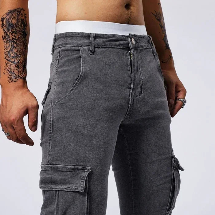 2025 New Men Street Elastic Denim Jeans Multi Pockets Cargo Pants Casual Slim Denim Trousers Fashion Y2k Joggers Baggy Man Pants