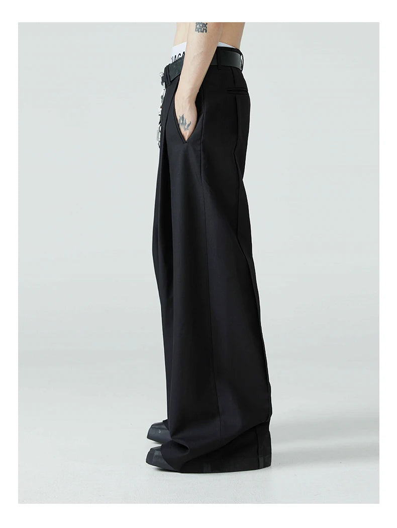 Mauroicardi Spring Autumn Long Loose Casual Baggy Flowy Soft Black Pleated Wide Leg Pants Men Luxury Designer Emo Clothing 2024