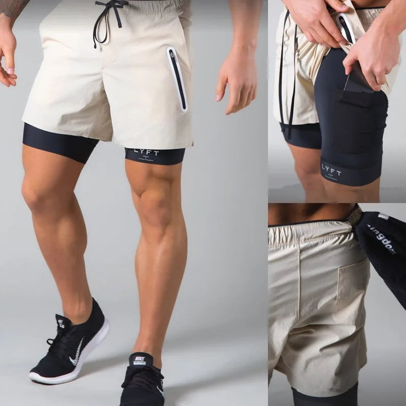Double-deck fitness sports shorts men summer quick drying breathable woven Shorts Men's 2 IN 1training Gyms clothing