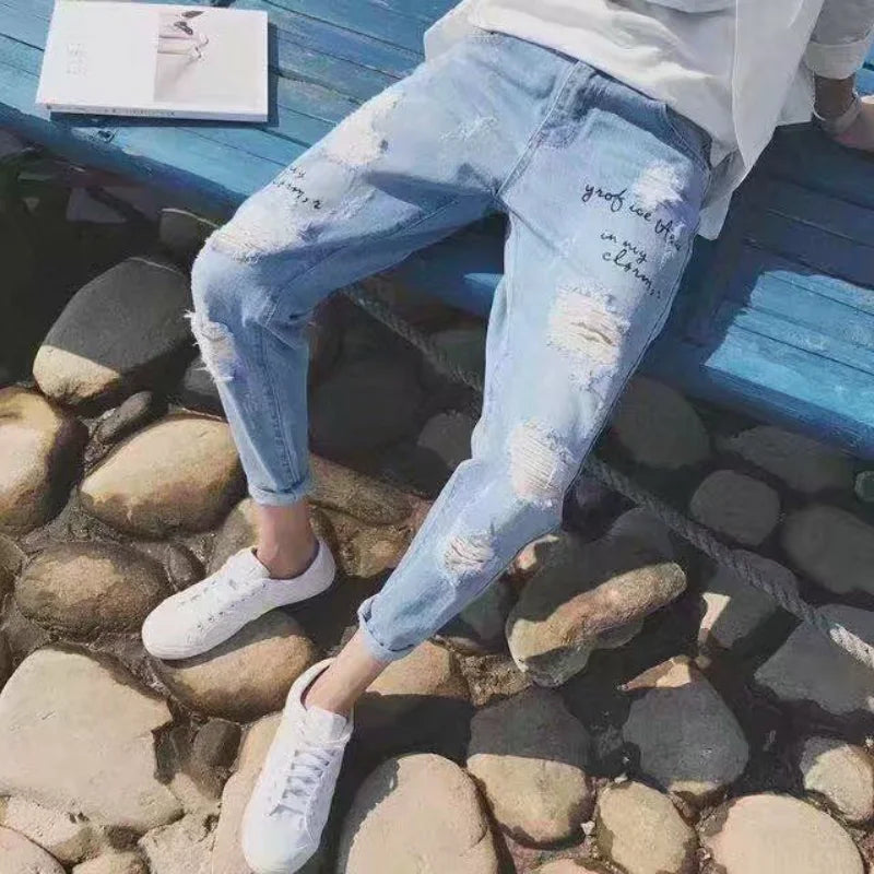 Retro Ripped Men's Jeans With Holes Tapered Slim Fit Trousers Korean Fashion Torn Broken Luxury Soft Loose Xs Man Cowboy Pants