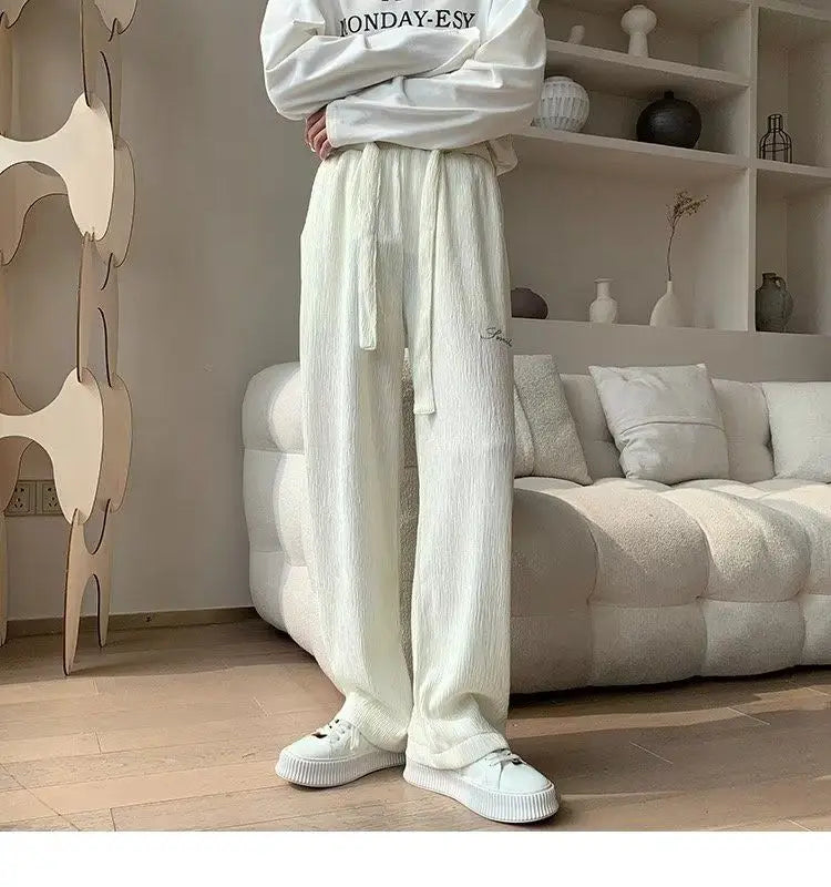 Casual Ice Silk Pants Men Wide Leg Lightweight Baggy Sweatpants White Straight Linen Trousers Male Summer Elastic Hiking