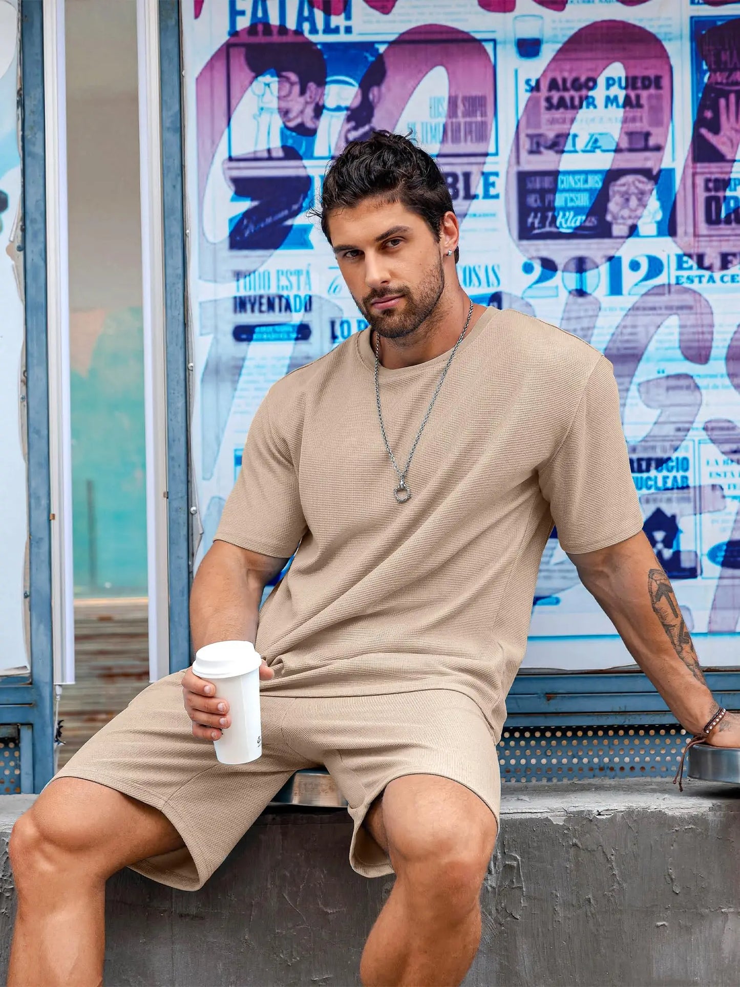 New Men's Short Sleeve Shorts Set Fashion King Printed T-Shirt Shorts 2 Sets of Casual Round Neck Jumper Breathable Sportswear