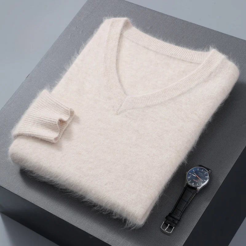 Men's 100% Pure Mink Cashmere Sweater V-neck Pullover Knit Bottoming Shirt Autumn And Winter New Long-Sleeve High-End Mink Tops