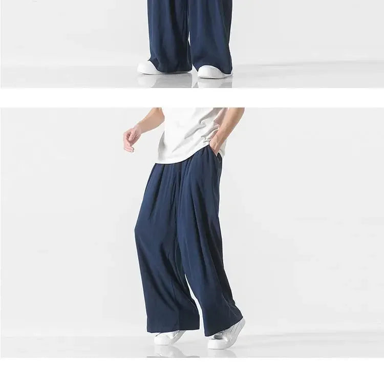 Hanfu Spirit Draped Linen Pants For Men Straight-leg Casual Trousers Chinese Style Loose-fit Ancient Wide-leg Song Trousers