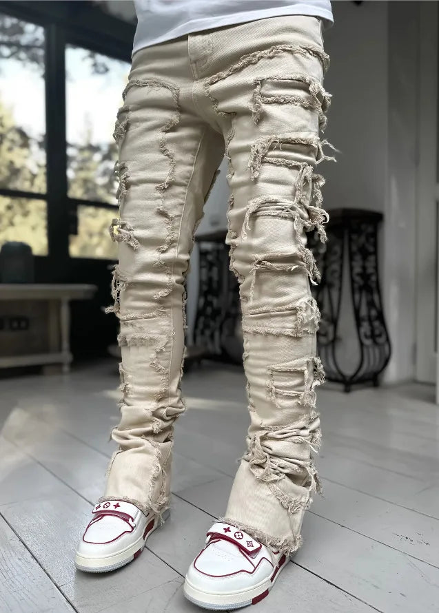 High Street White Men's Stacked Jeans Stretched Patchwork Tassel Damaged Denim Full Length Pants Hip-pop Trousers For Male 