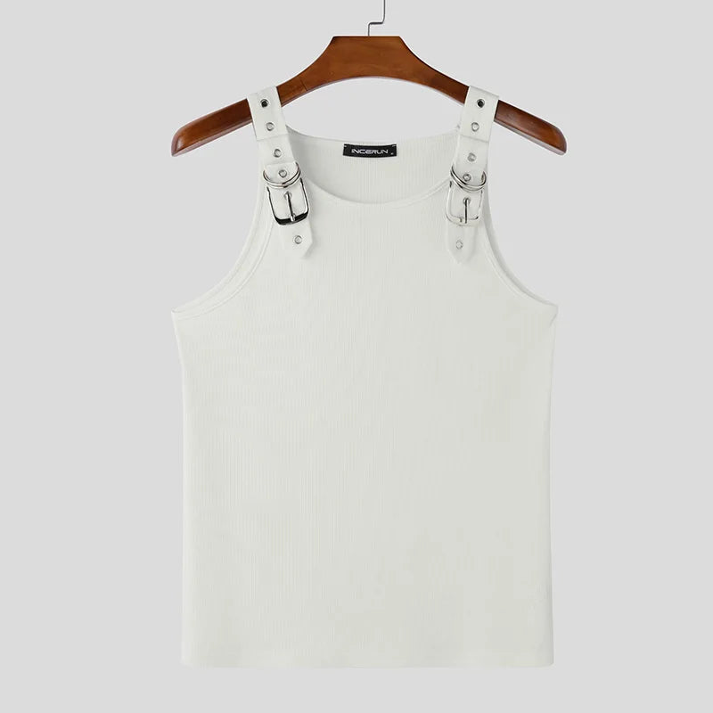 INCERUN Tops American Style Fashion New Men Deconstruction Design Metal Buckle Mesh Vests Casual Streetwear Male Solid Tank Tops