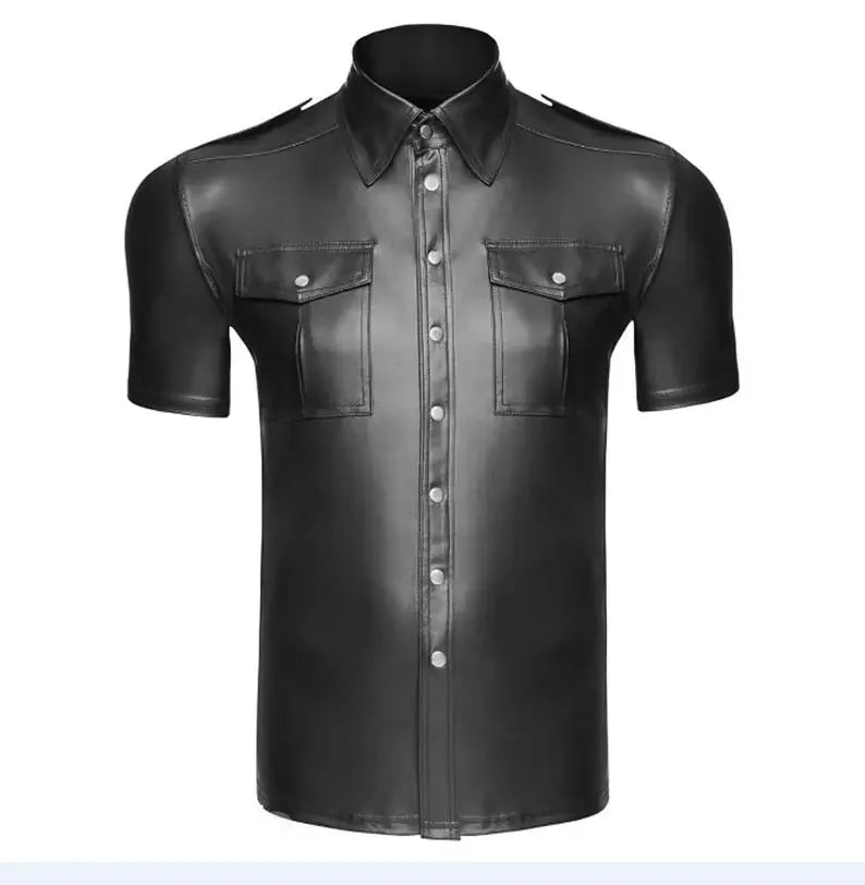 S-2XL Fashion Wet Look Black Faux Leather Men Sexy Two Pockets Tops Tees DS Night Motorcycle Short Sleeves Shirts With Button