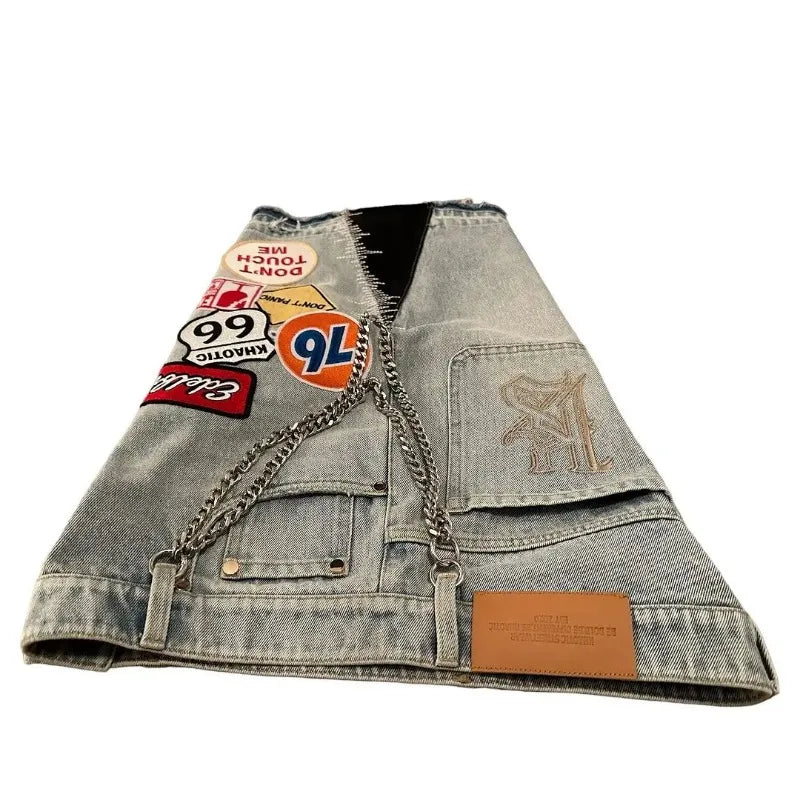 Y2K Jeans Men Women Hip Hop Cartoon Graphics Streetwear Retro Patchwork Denim Short Retro Blue Loose Denim Fitness Casual Shorts