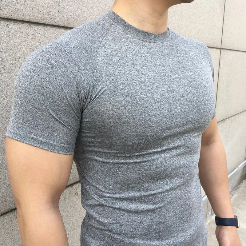 2025 New Men Summer Short Sleeve Fitness Shirt Running Sport Gym Compression T Shirt Workout Casual Elastic Force Tops Clothing